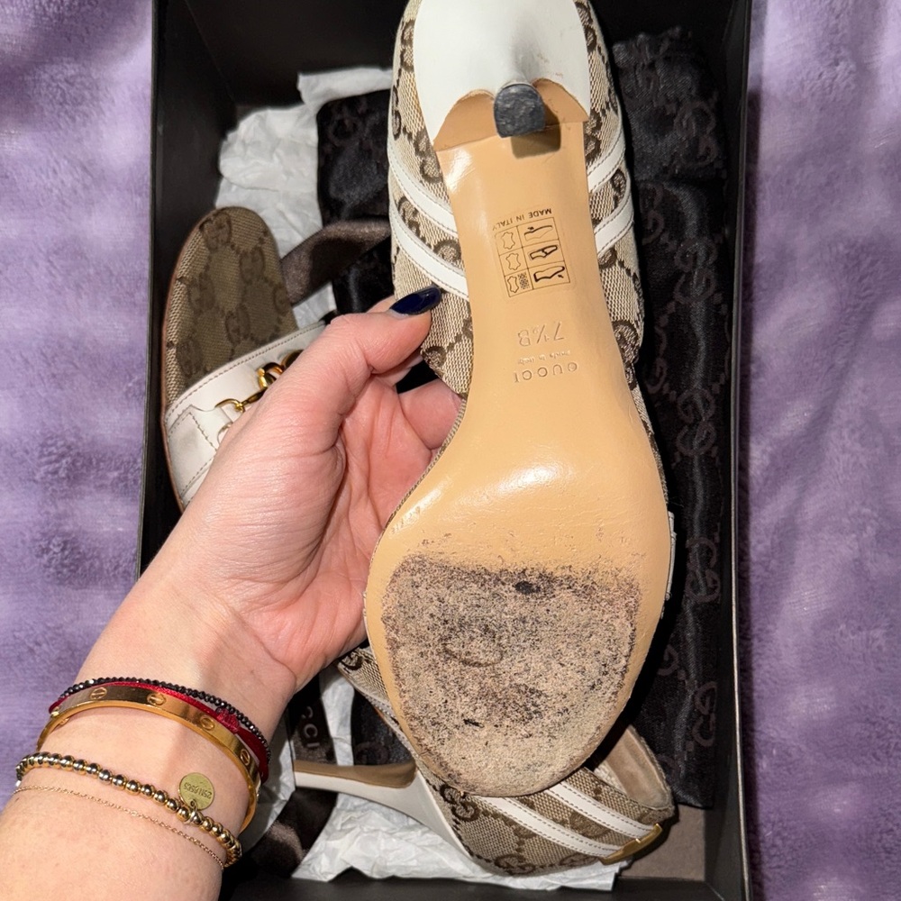 Gucci Beige Monogram Open-Toe Chain Detail Heels - Picture 5 of 11